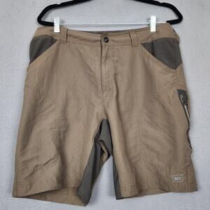 REI Shorts Mens 36 Beige Brown 10" Inseam Hiking Stretch Zip Pocket Quick Dry